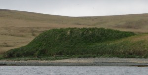 Mounded ancient village site with dark green vegetation demonstrating what a site looks like on Kiska Island.