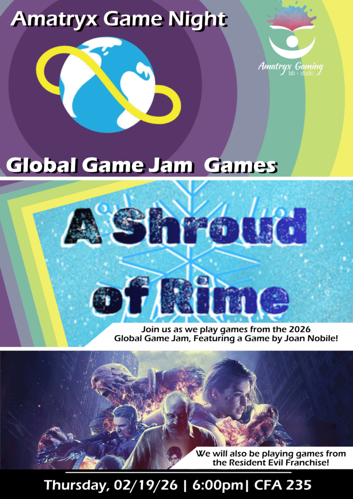 A flyer for the Amatryx Game Night taking place on Thursday, February 19 from 6-8 PM in CFA 235. Featuring Global Game Jam games and Resident Evil franchise.