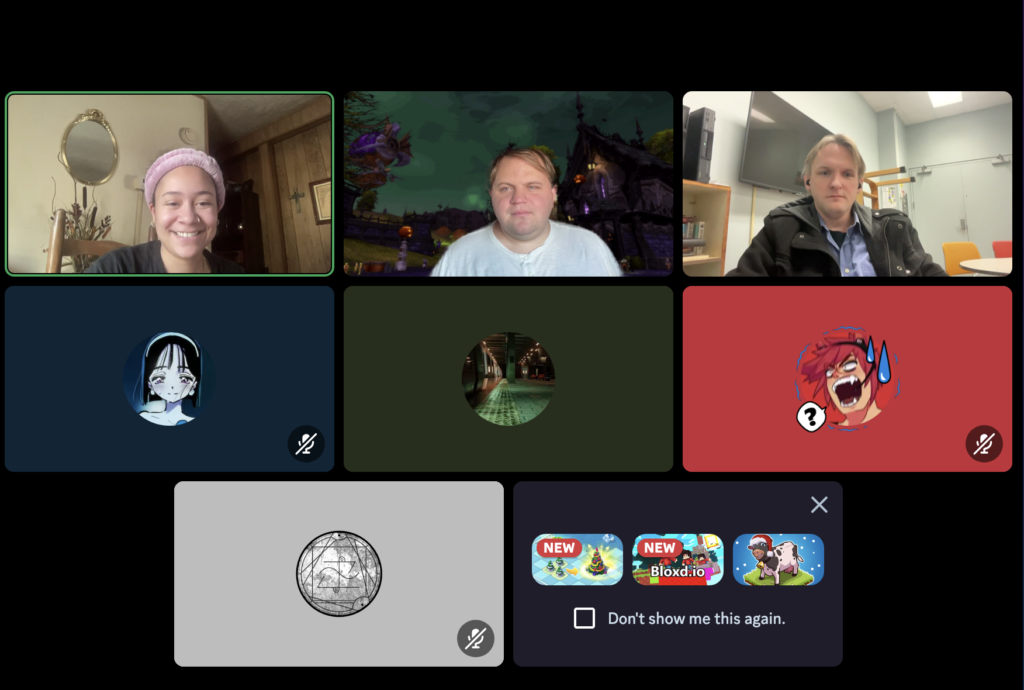 A Discord lab meeting screenshot with some folks on video camera and others with their screen names/avatars.