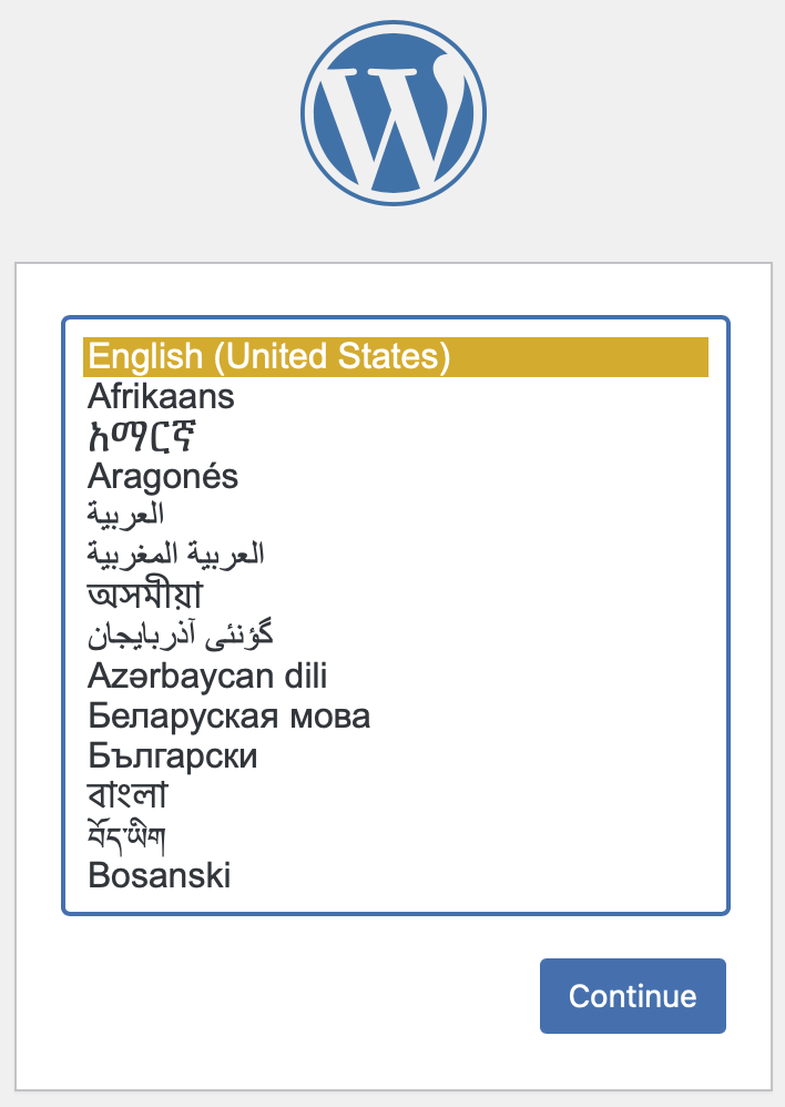 WordPress Setup — Choose a language.