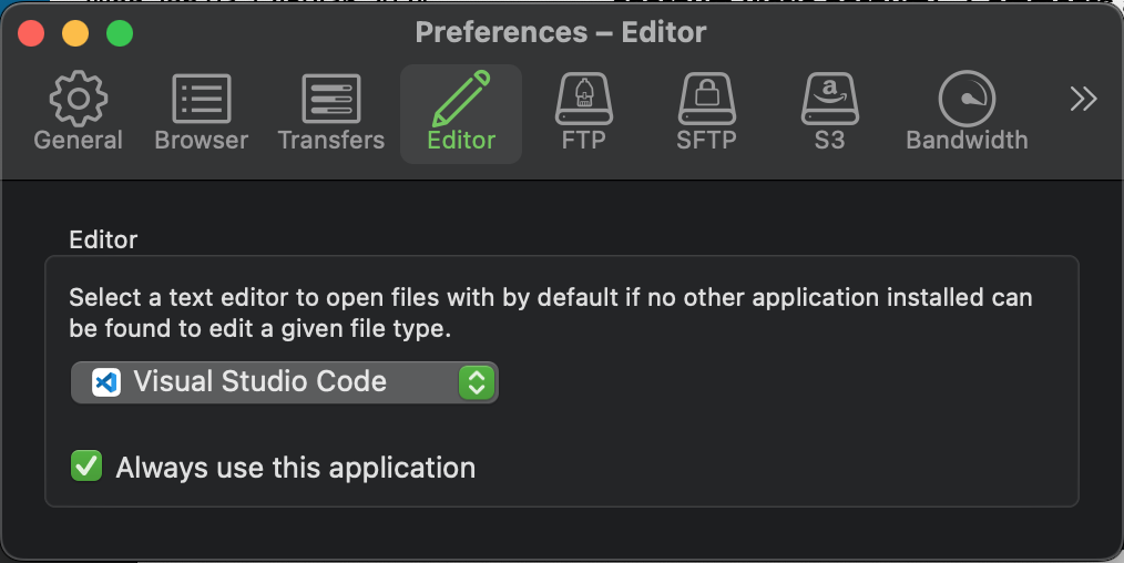 screenshot of Cyberduck Editor preferences showing Visual Studio code and Always use this application selected.