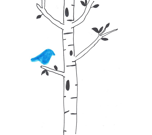 graphic of blue bird on birch tree