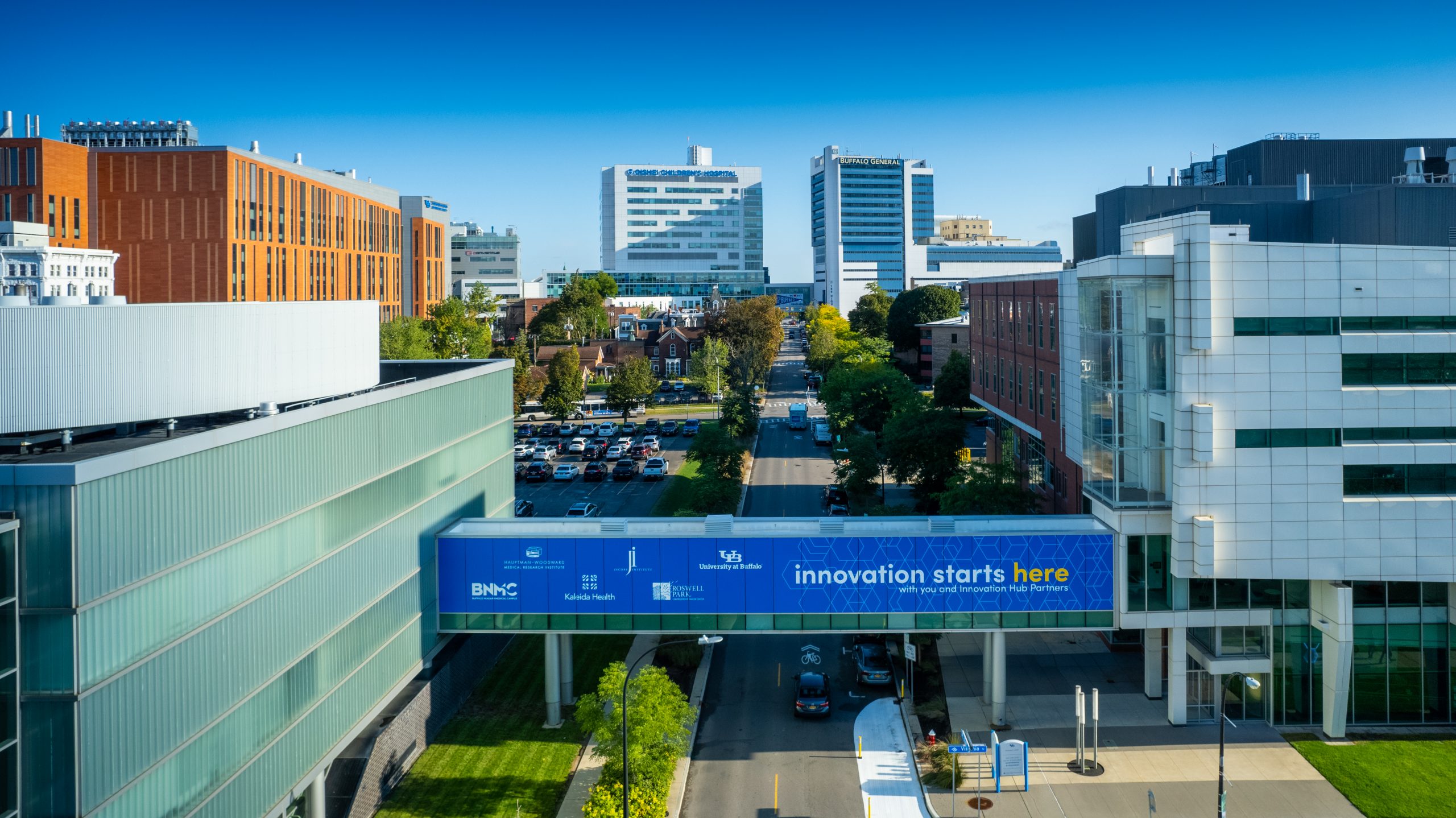 Aerial image of the Buffalo Niagara Medical Campus, including UB’s Medical School Building, home of the Jacobs School of Medicine and Biomedical Sciences and the Center of Excellence in Bioinformatics and Life Sciences.