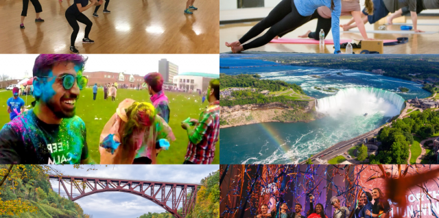 Picture of a zumba class, yoga class. Holi festival, Niagara Falls, Letchworth State Park, and 43North Competition