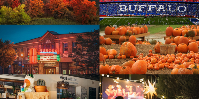 A collage of a picture of fall leaves; Buffalo Bills stadium; East Aurora, Buffalo; a pumpkin patch; a local merchandise store; and a movie night with friends