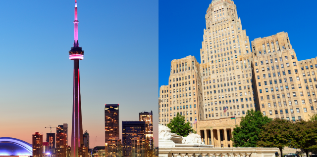 Right side of the image: Buffalo, New York's City Hall building. Left side of the image: Toronto, Canada's CN tower building