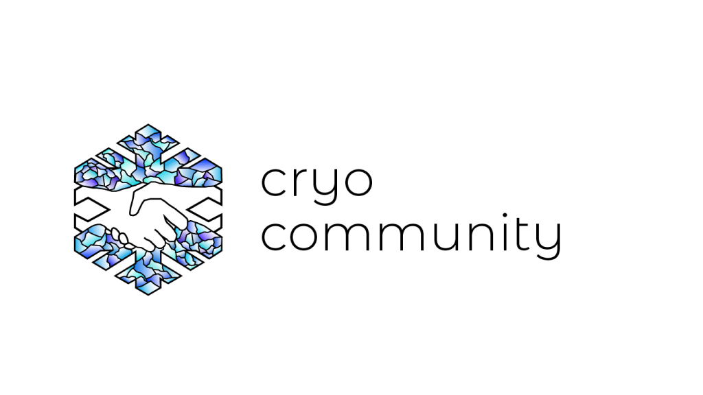 cryocommunity written on the left with a logo to the right showing an outline of two hands shaking with a snowflake in the back colored in blue, cyan, and purple