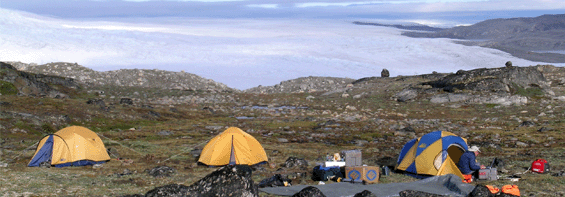 Field camp near Jakobshavn (in background). Photo by: Bea Csatho

