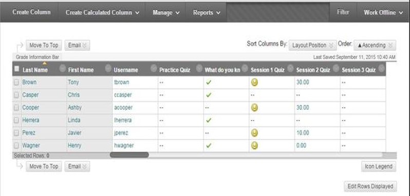 screenshot of a sample needs grading screen including exclamation point icons for items in need of grading