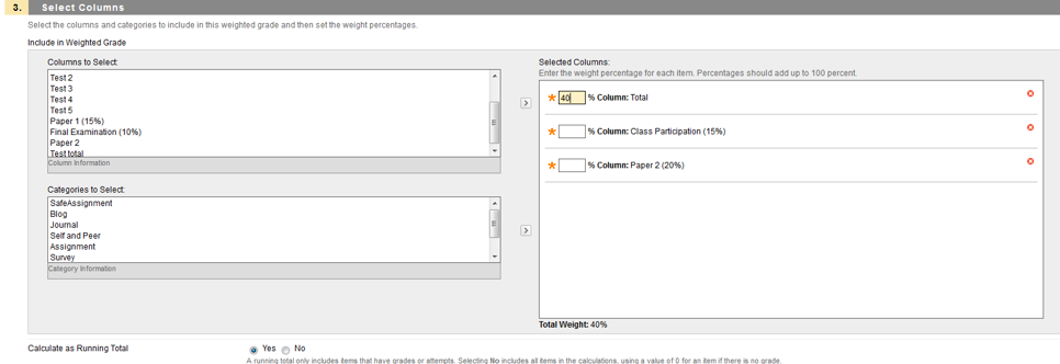 screenshot of the weighted columns tool in UBlearns
