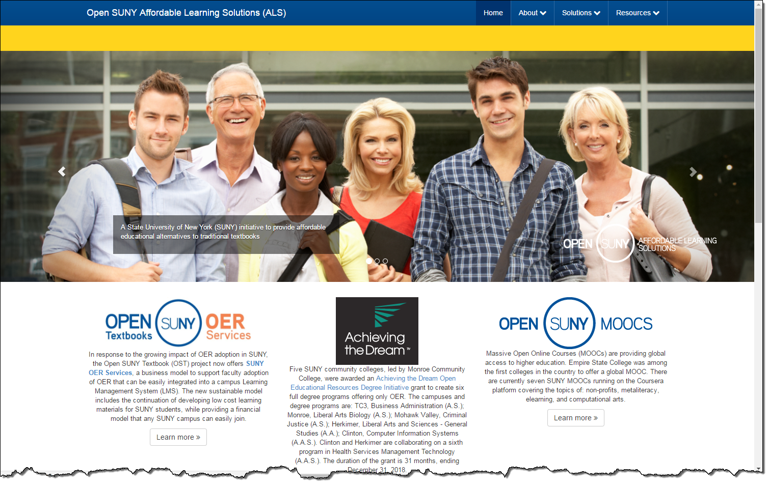 Screen shot of Open SUNY Affordable Learning Solutions home page