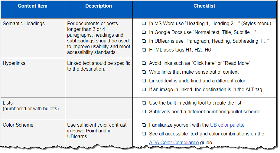 Screenshot of a portion of the accessibility checklist