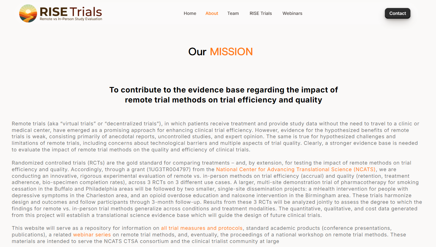 A screenshot from the RISE Trials website explaining the mission of the project