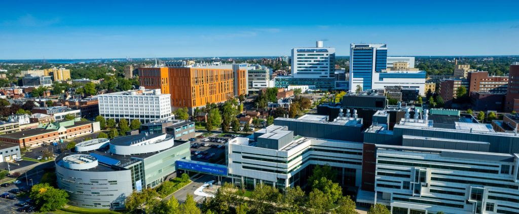 Urban buildings in the Buffalo Niagara Medical Campus in the daytime, summer.