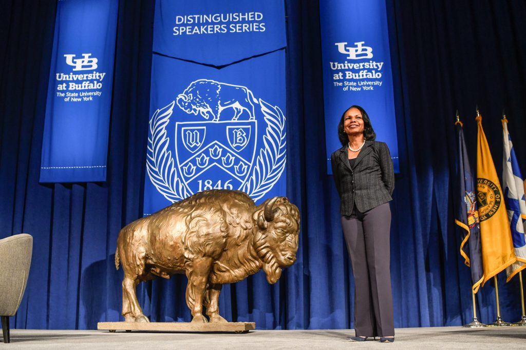 Rice on stage in UB's Alumni Arena