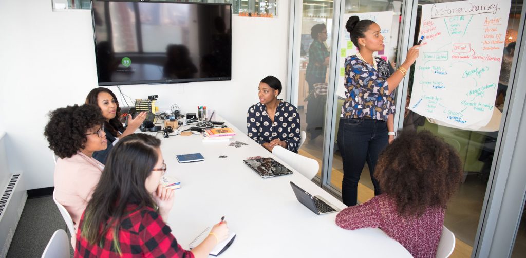 Woman leads a brainstorming session.