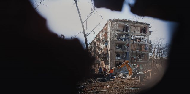 A destroyed residential building in Kyiv, Ukraine.